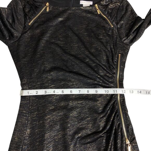 Cache Dress Womens S Black Metallic Gold Sheath Bodycon Lined Zipper Accent Chic - Picture 14 of 16